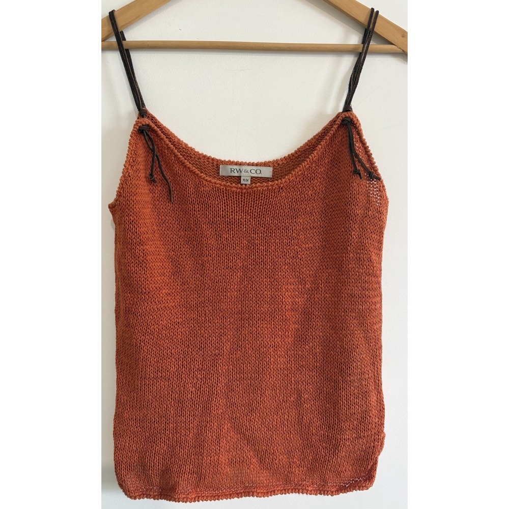 RW&CO. Burnt Orange Open Knit Tank Top M Ramie Cotton Tie Strap Boho Camisole